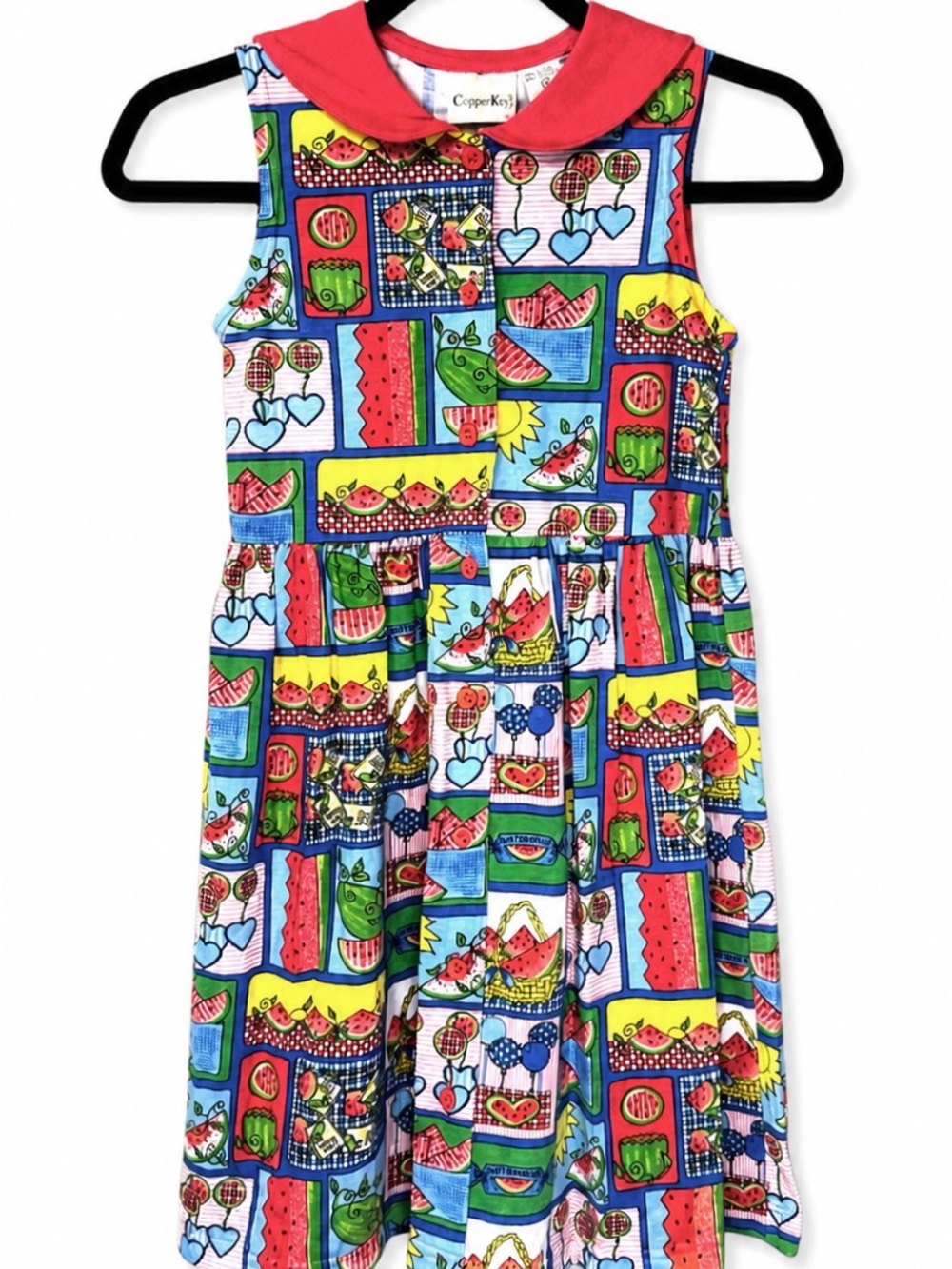 Copper Key Girls' Bright Multicolor Patchwork summer Dress with Coral Collar 5-6